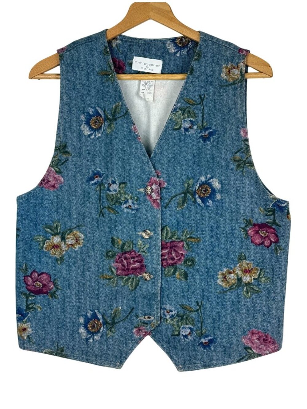 Christopher & Banks Floral Denim Vest Medium Vtg 90s Cotton Cottagecore USA